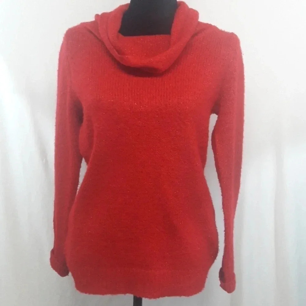 Red Cowl Neck Acrylic Knit Sweater Turtleneck Top